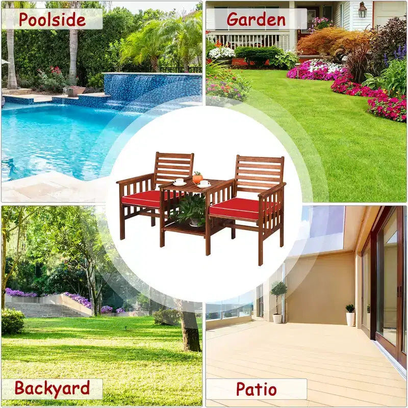 Costway Patio Loveseat Conversation Set Acacia Wood Chair Coffee Table Cushioned White\ Red