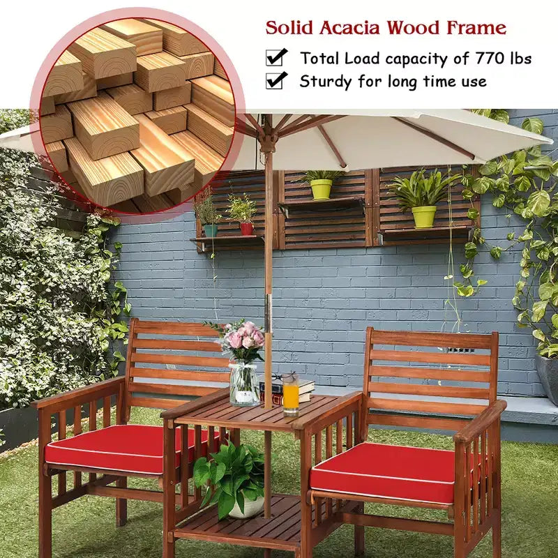 Costway Patio Loveseat Conversation Set Acacia Wood Chair Coffee Table Cushioned White\ Red