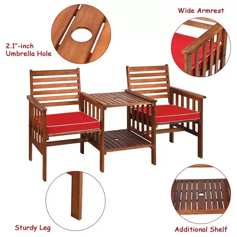 Costway Patio Loveseat Conversation Set Acacia Wood Chair Coffee Table Cushioned White\ Red