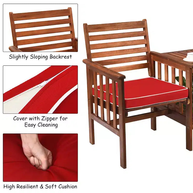 Costway Patio Loveseat Conversation Set Acacia Wood Chair Coffee Table Cushioned White\ Red