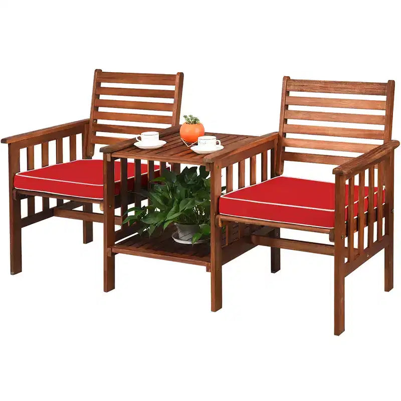 Costway Patio Loveseat Conversation Set Acacia Wood Chair Coffee Table Cushioned White\ Red