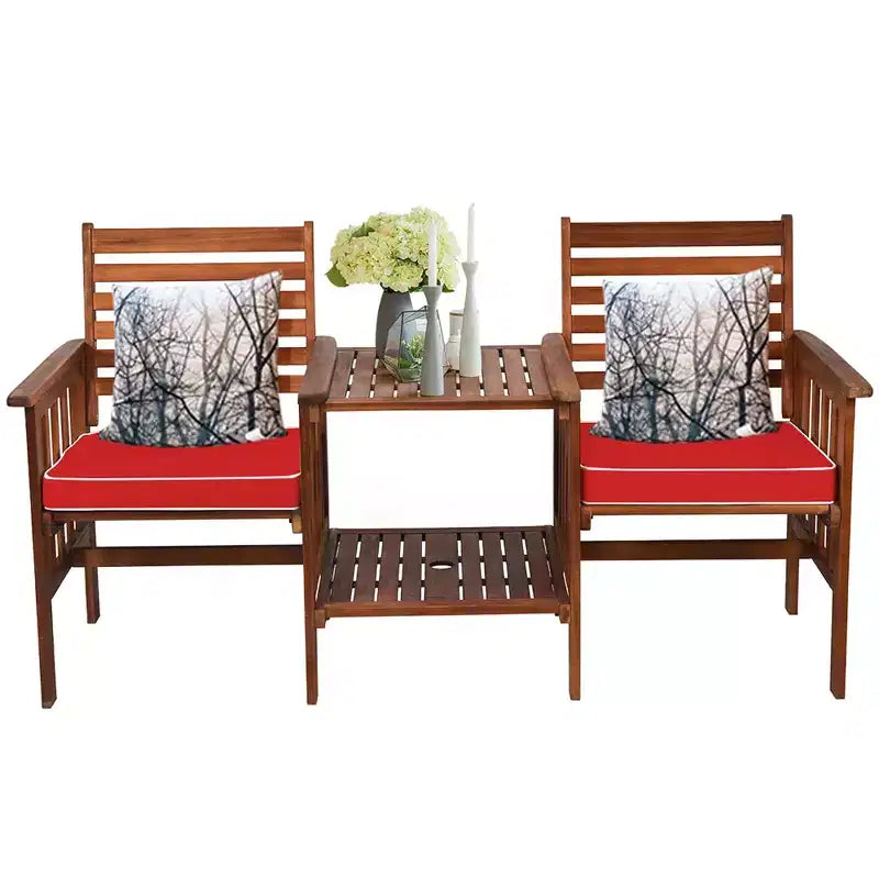 Costway Patio Loveseat Conversation Set Acacia Wood Chair Coffee Table Cushioned White\ Red
