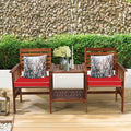 Costway Patio Loveseat Conversation Set Acacia Wood Chair Coffee Table Cushioned White\ Red