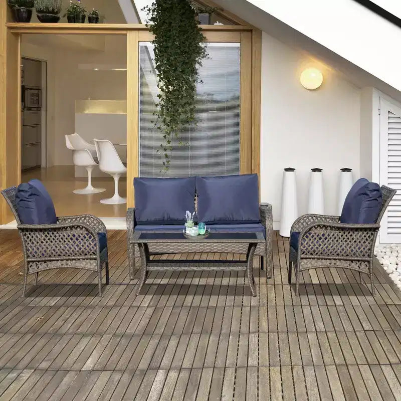 Outsunny 4-Piece Outdoor Wicker Sofa Set, Outdoor PE Rattan Conversation Furniture with 4 Chairs & Table, Water-Fighting Material