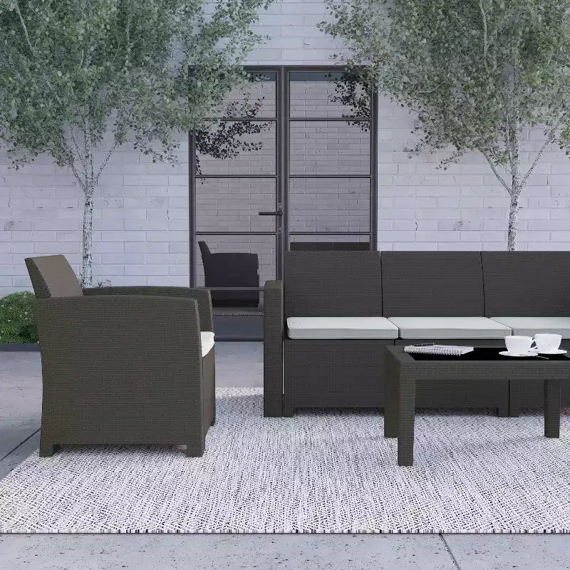 Merrick Lane 4 Piece Faux Rattan Patio Furniture Set with 2 Chairs and Sofa with Removable Beige Cushions and Table