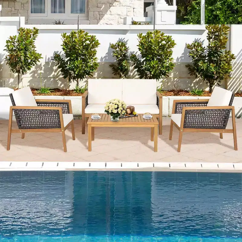 Costway 8PCS Patio Rattan Furniture Set Acacia Wood Cushioned Sofa Off