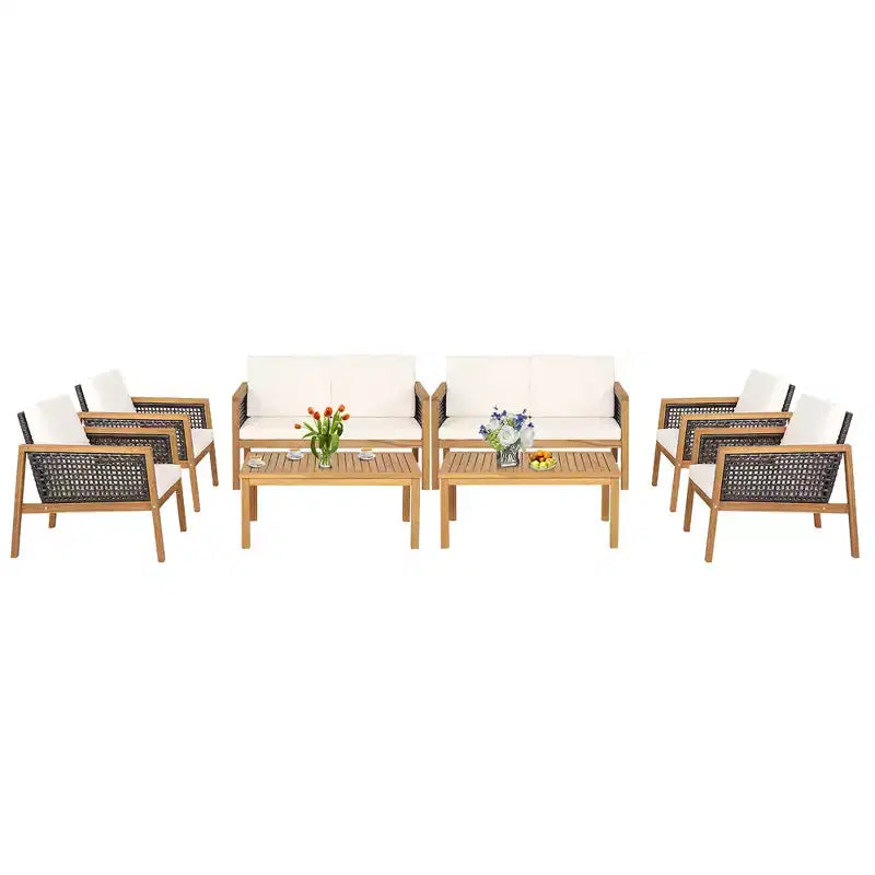 Costway 8PCS Patio Rattan Furniture Set Acacia Wood Cushioned Sofa Off
