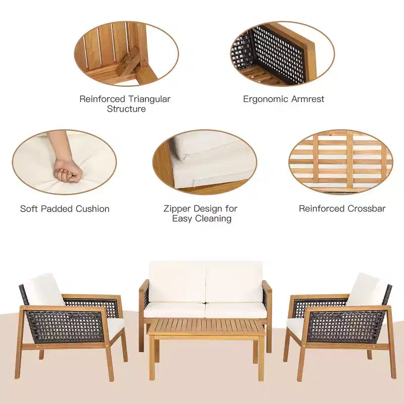 Costway 8PCS Patio Rattan Furniture Set Acacia Wood Cushioned Sofa Off