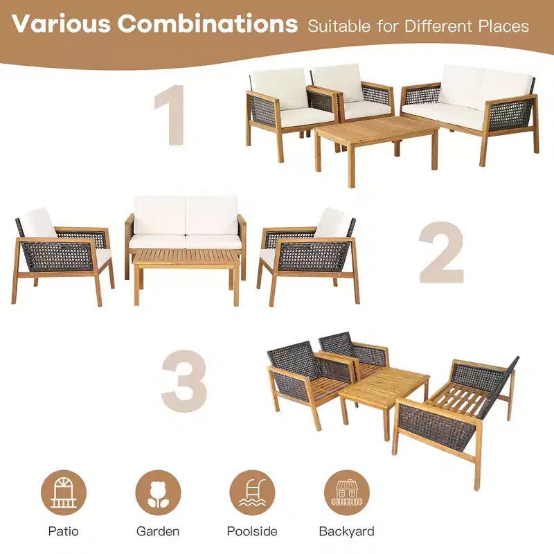 Costway 8PCS Patio Rattan Furniture Set Acacia Wood Cushioned Sofa Off