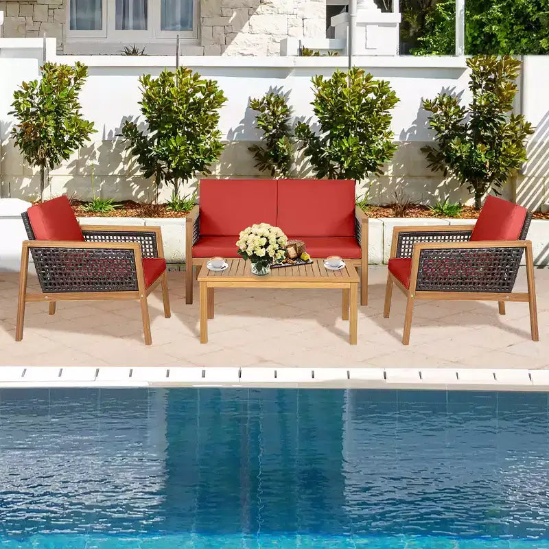 Costway 8PCS Patio Rattan Furniture Set Acacia Wood Cushioned Sofa Off