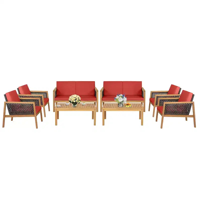 Costway 8PCS Patio Rattan Furniture Set Acacia Wood Cushioned Sofa Off