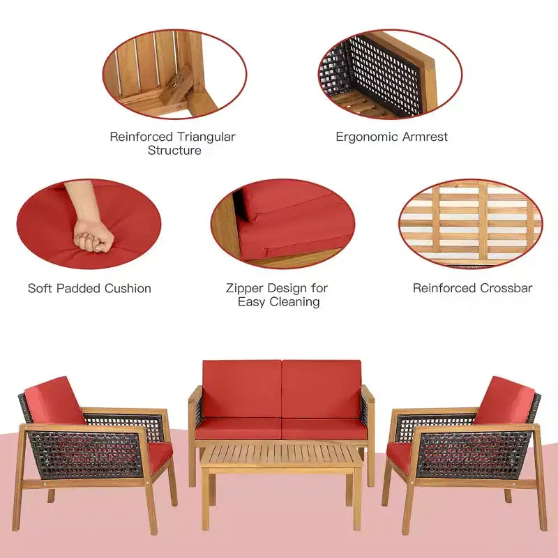 Costway 8PCS Patio Rattan Furniture Set Acacia Wood Cushioned Sofa Off