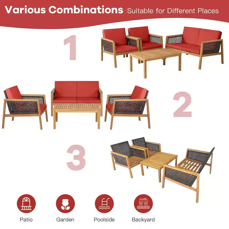 Costway 8PCS Patio Rattan Furniture Set Acacia Wood Cushioned Sofa Off