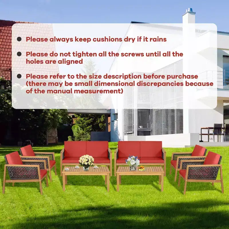 Costway 8PCS Patio Rattan Furniture Set Acacia Wood Cushioned Sofa Off
