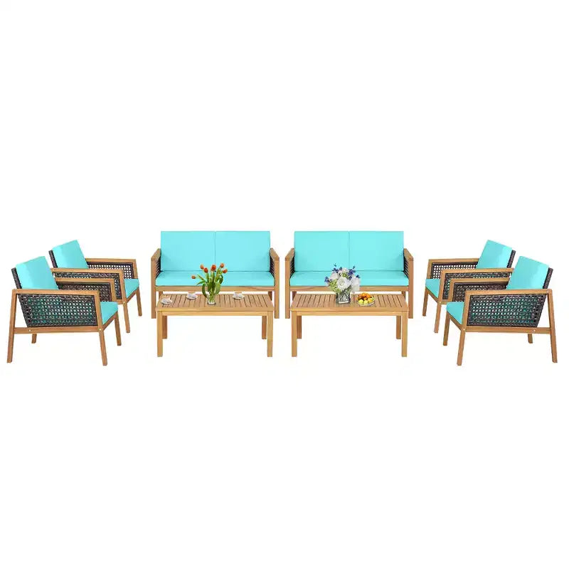 Costway 8PCS Patio Rattan Furniture Set Acacia Wood Cushioned Sofa Off