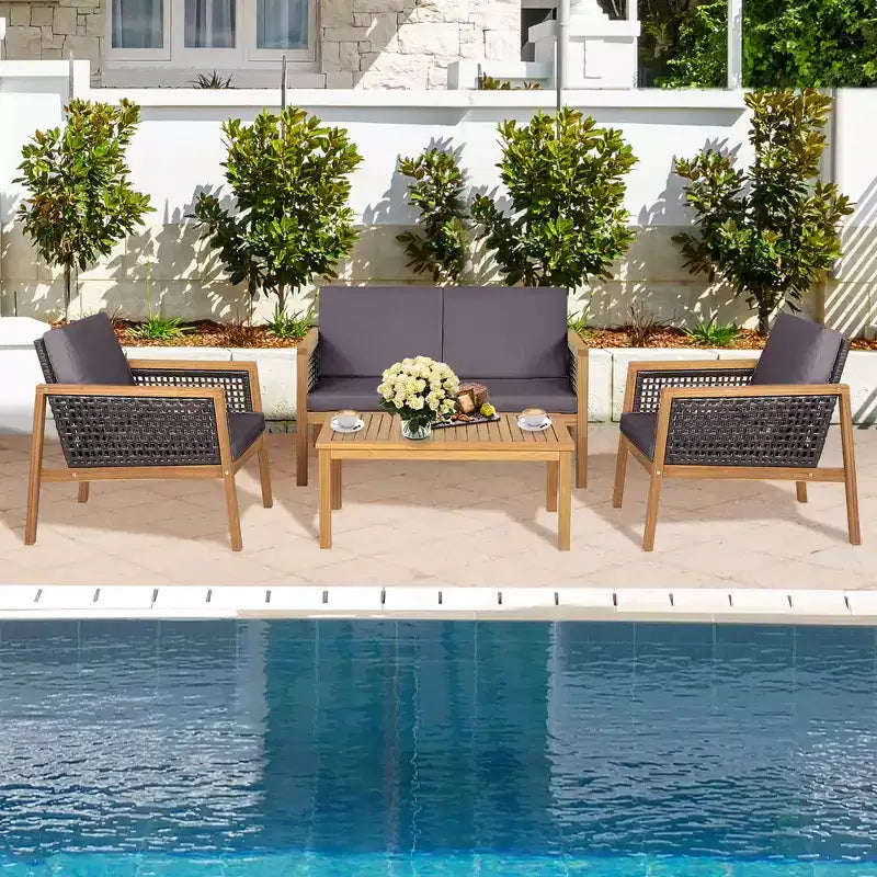 Costway 8PCS Patio Rattan Furniture Set Acacia Wood Cushioned Sofa Off