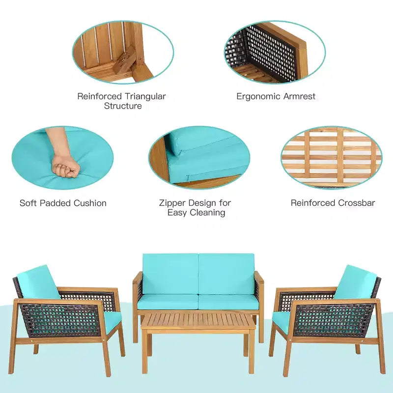 Costway 8PCS Patio Rattan Furniture Set Acacia Wood Cushioned Sofa Off