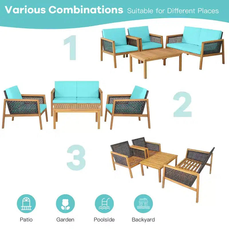 Costway 8PCS Patio Rattan Furniture Set Acacia Wood Cushioned Sofa Off