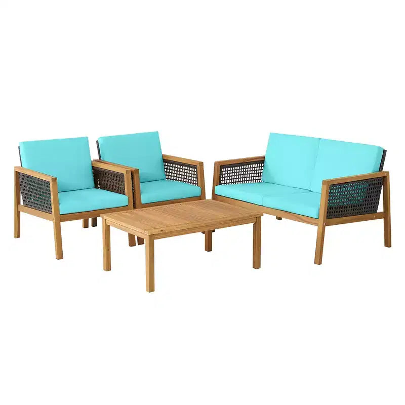 Costway 8PCS Patio Rattan Furniture Set Acacia Wood Cushioned Sofa Off