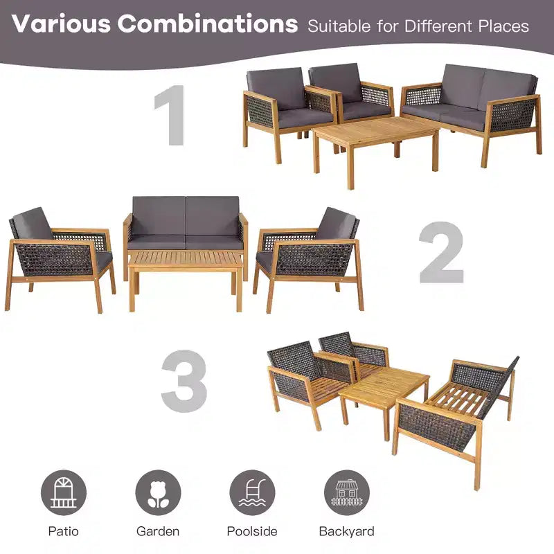 Costway 8PCS Patio Rattan Furniture Set Acacia Wood Cushioned Sofa Off