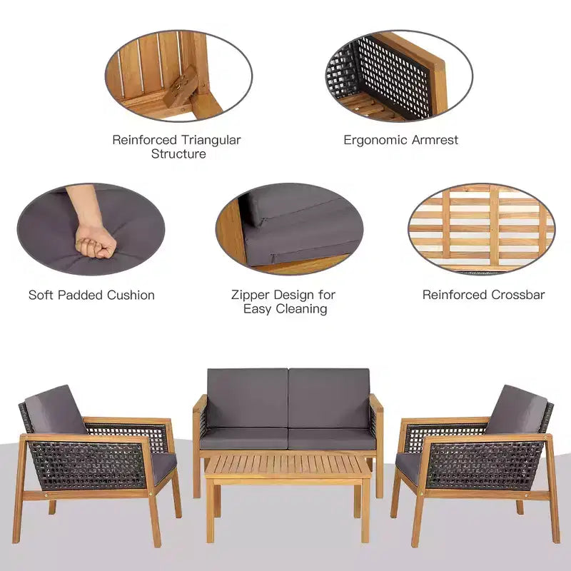 Costway 8PCS Patio Rattan Furniture Set Acacia Wood Cushioned Sofa Off