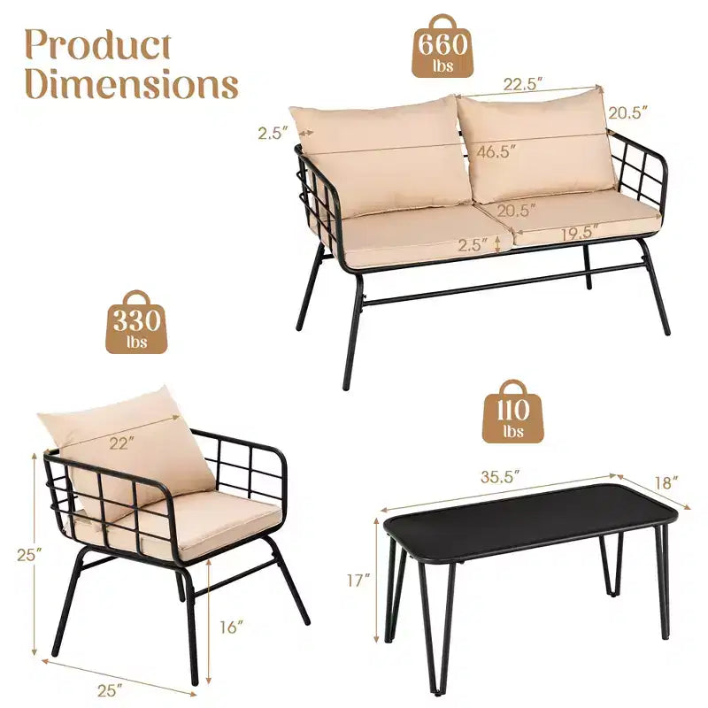 Costway 4PCS Patio Furniture Set Cushioned Sofa Loveseat Armrest Table Garden