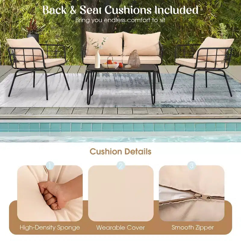 Costway 4PCS Patio Furniture Set Cushioned Sofa Loveseat Armrest Table Garden