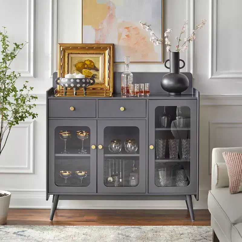 Credenza Mid-Century con Ante in Vetro, 2 Cassetti e 5 Ripiani