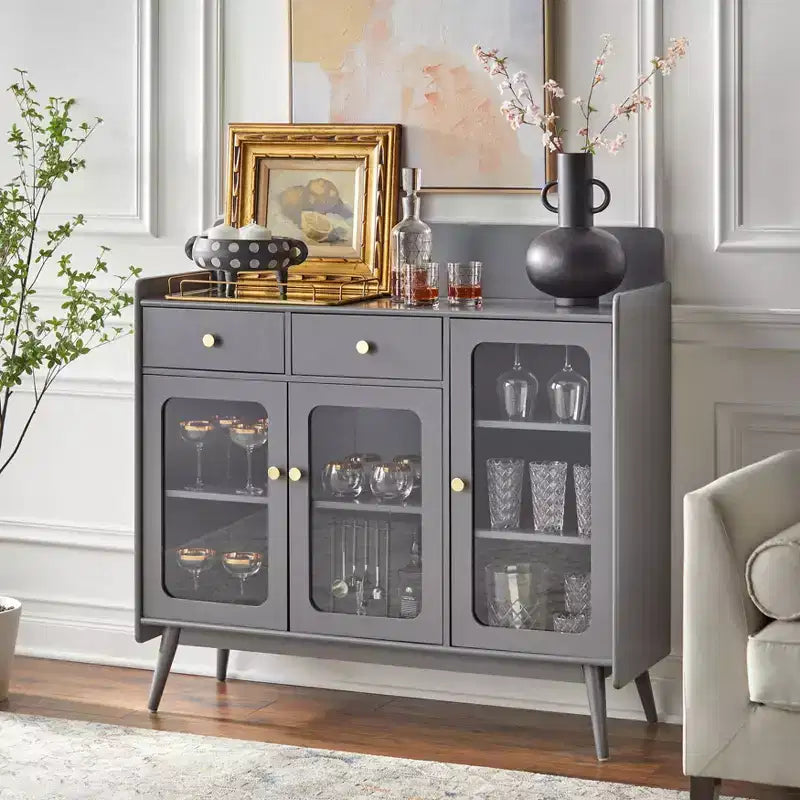 Credenza Mid-Century con Ante in Vetro, 2 Cassetti e 5 Ripiani