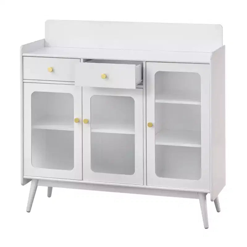 Credenza Mid-Century con Ante in Vetro, 2 Cassetti e 5 Ripiani