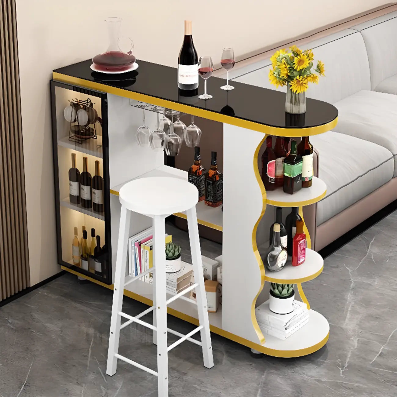 Tavolo da bar a forma libera con top in pietra moderna e contenitore per bar domestici