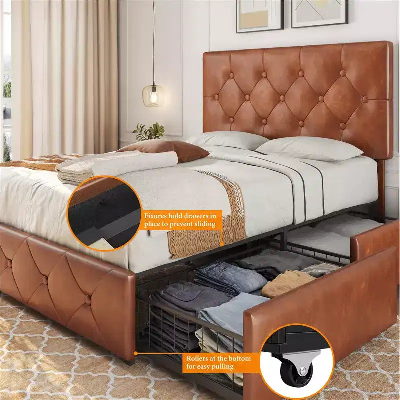 Struttura letto imbottita in ecopelle con testiera regolabile e 4 cassetti contenitore