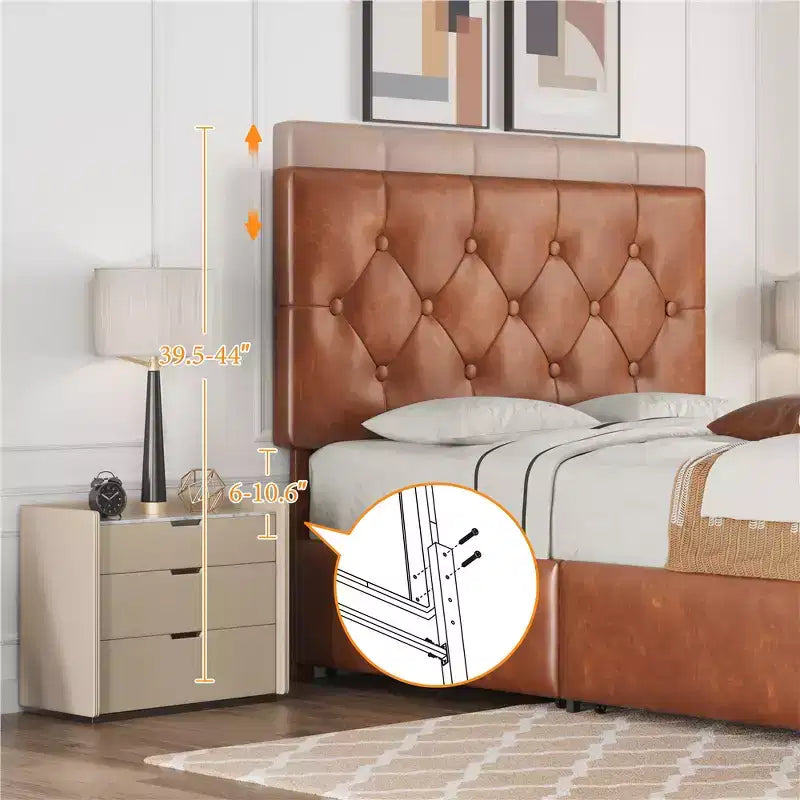 Struttura letto imbottita in ecopelle con testiera regolabile e 4 cassetti contenitore