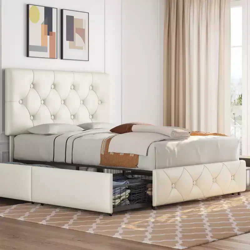 Struttura letto imbottita in ecopelle con testiera regolabile e 4 cassetti contenitore