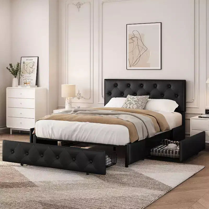 Struttura letto imbottita in ecopelle con testiera regolabile e 4 cassetti contenitore