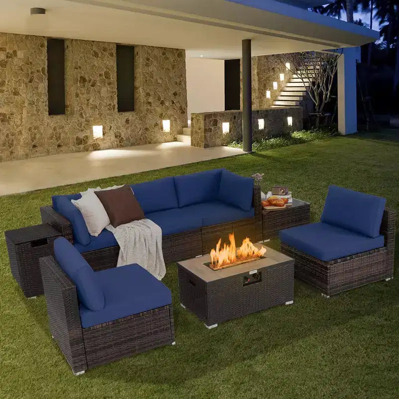 Costway 8PCS Patio Rattan Furniture Set Fire Pit Table Tank Holder Cover Deck Off White/Black/Navy/Red/Turquoise