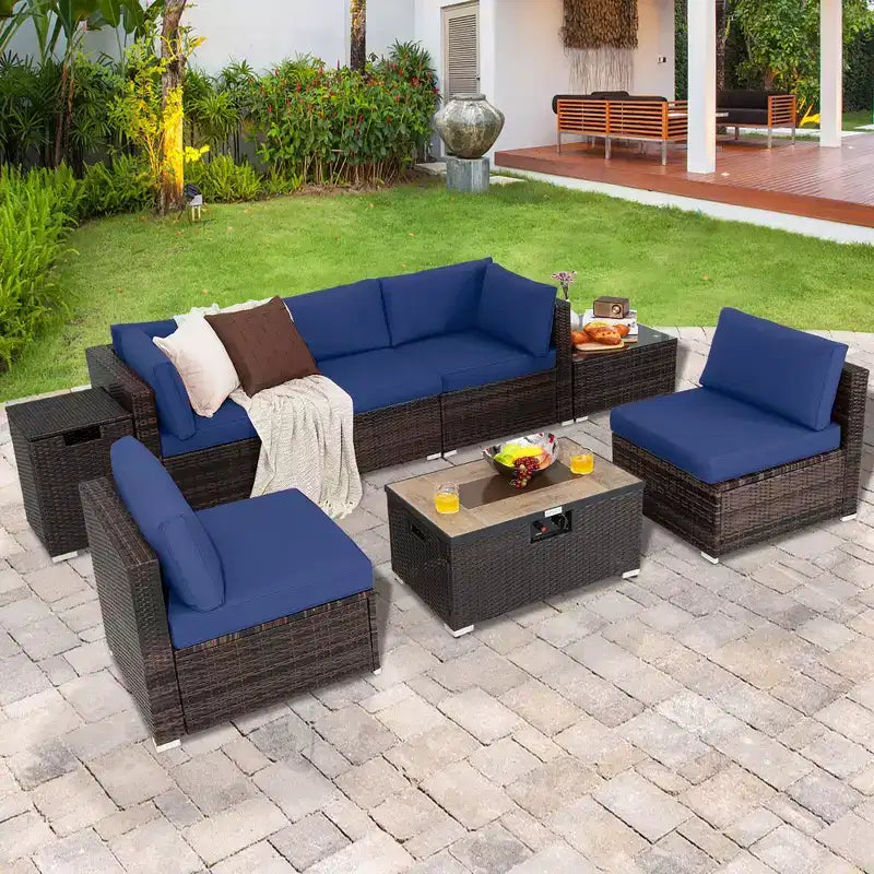 Costway 8PCS Patio Rattan Furniture Set Fire Pit Table Tank Holder Cover Deck Off White/Black/Navy/Red/Turquoise
