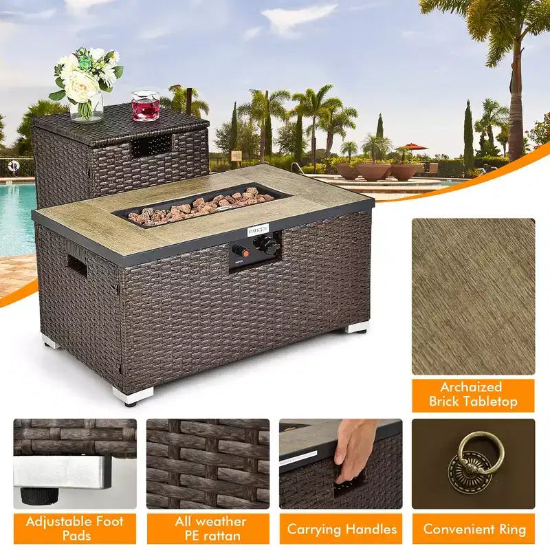 Costway 8PCS Patio Rattan Furniture Set Fire Pit Table Tank Holder Cover Deck Off White/Black/Navy/Red/Turquoise