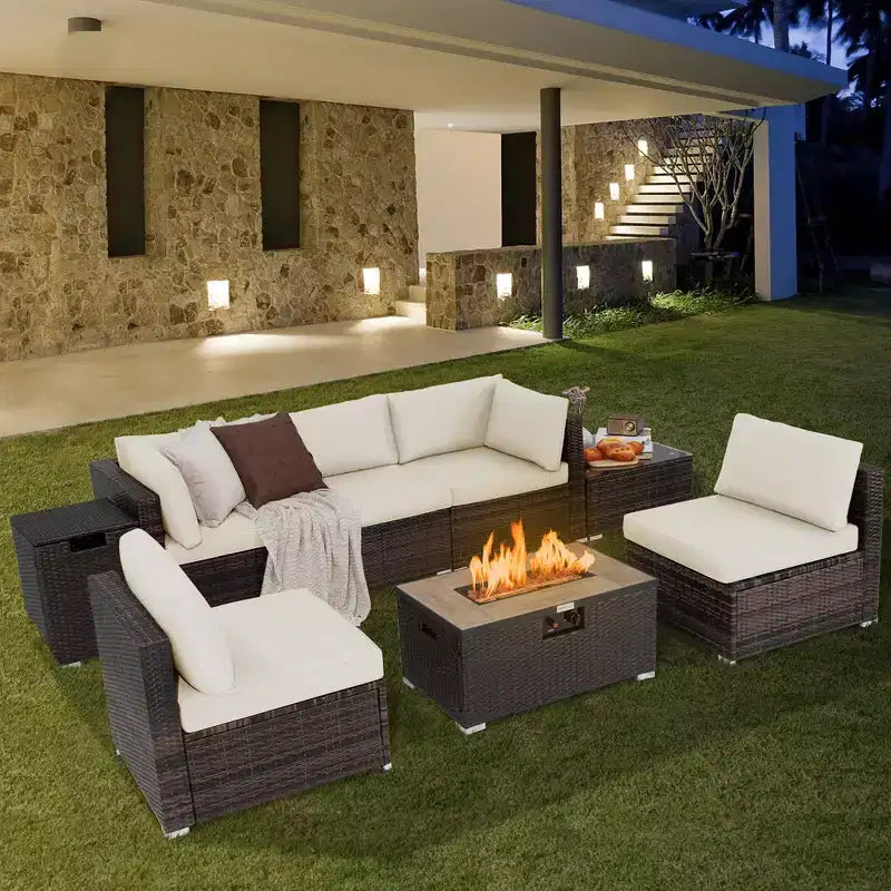 Costway 8PCS Patio Rattan Furniture Set Fire Pit Table Tank Holder Cover Deck Off White/Black/Navy/Red/Turquoise