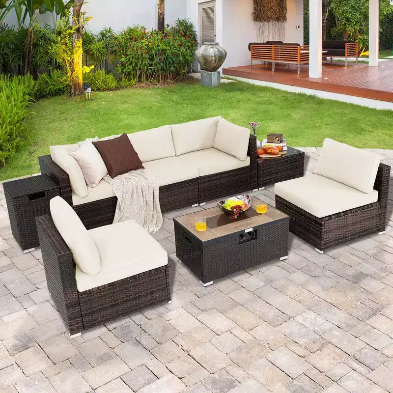 Costway 8PCS Patio Rattan Furniture Set Fire Pit Table Tank Holder Cover Deck Off White/Black/Navy/Red/Turquoise