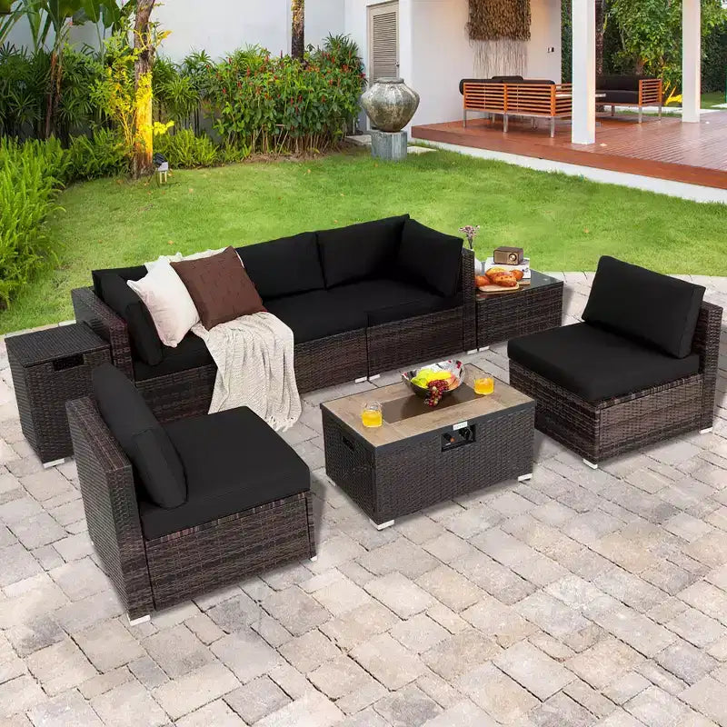 Costway 8PCS Patio Rattan Furniture Set Fire Pit Table Tank Holder Cover Deck Off White/Black/Navy/Red/Turquoise