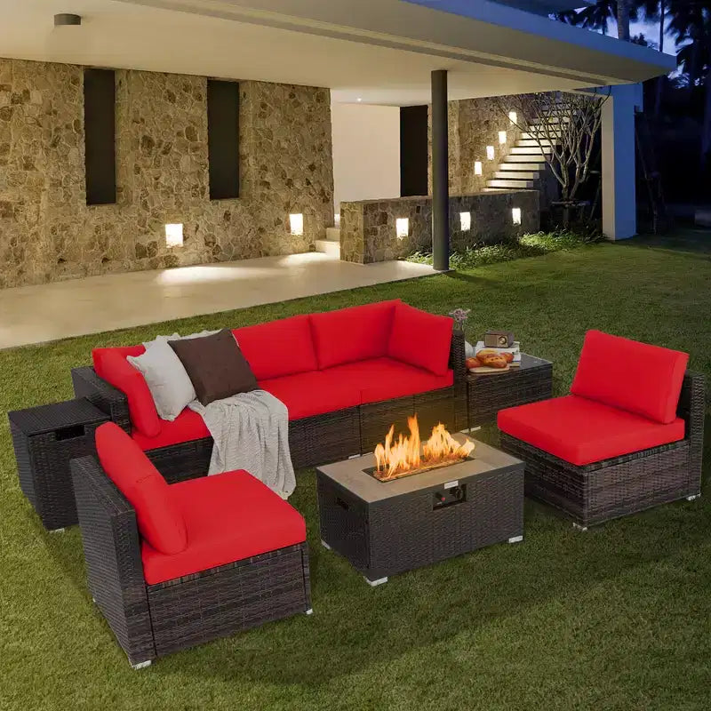 Costway 8PCS Patio Rattan Furniture Set Fire Pit Table Tank Holder Cover Deck Off White/Black/Navy/Red/Turquoise