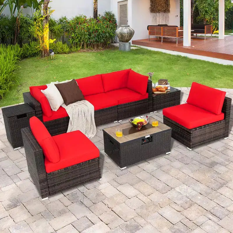 Costway 8PCS Patio Rattan Furniture Set Fire Pit Table Tank Holder Cover Deck Off White/Black/Navy/Red/Turquoise