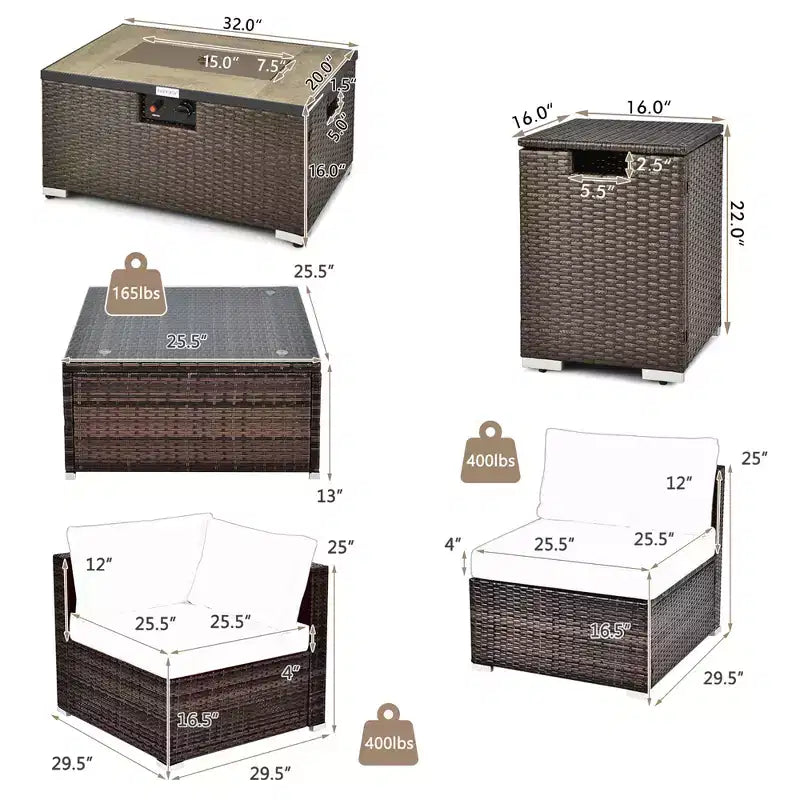 Costway 8PCS Patio Rattan Furniture Set Fire Pit Table Tank Holder Cover Deck Off White/Black/Navy/Red/Turquoise