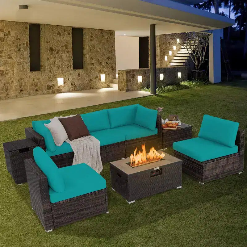 Costway 8PCS Patio Rattan Furniture Set Fire Pit Table Tank Holder Cover Deck Off White/Black/Navy/Red/Turquoise