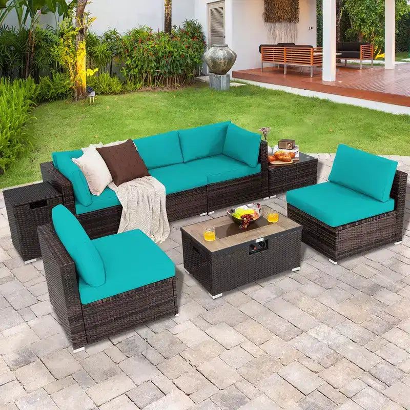 Costway 8PCS Patio Rattan Furniture Set Fire Pit Table Tank Holder Cover Deck Off White/Black/Navy/Red/Turquoise