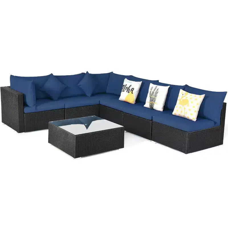 Costway 7PCS Patio Rattan Sofa Set Sectional Conversation Furniture Set Garden Beige\ Navy\Red\Navy Blue