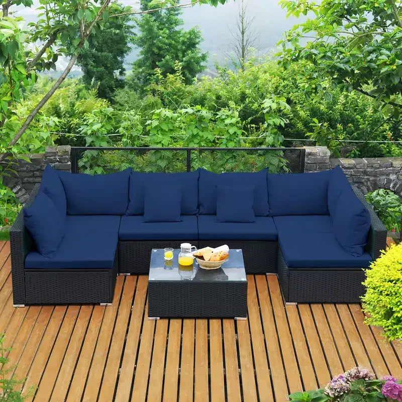 Costway 7PCS Patio Rattan Sofa Set Sectional Conversation Furniture Set Garden Beige\ Navy\Red\Navy Blue