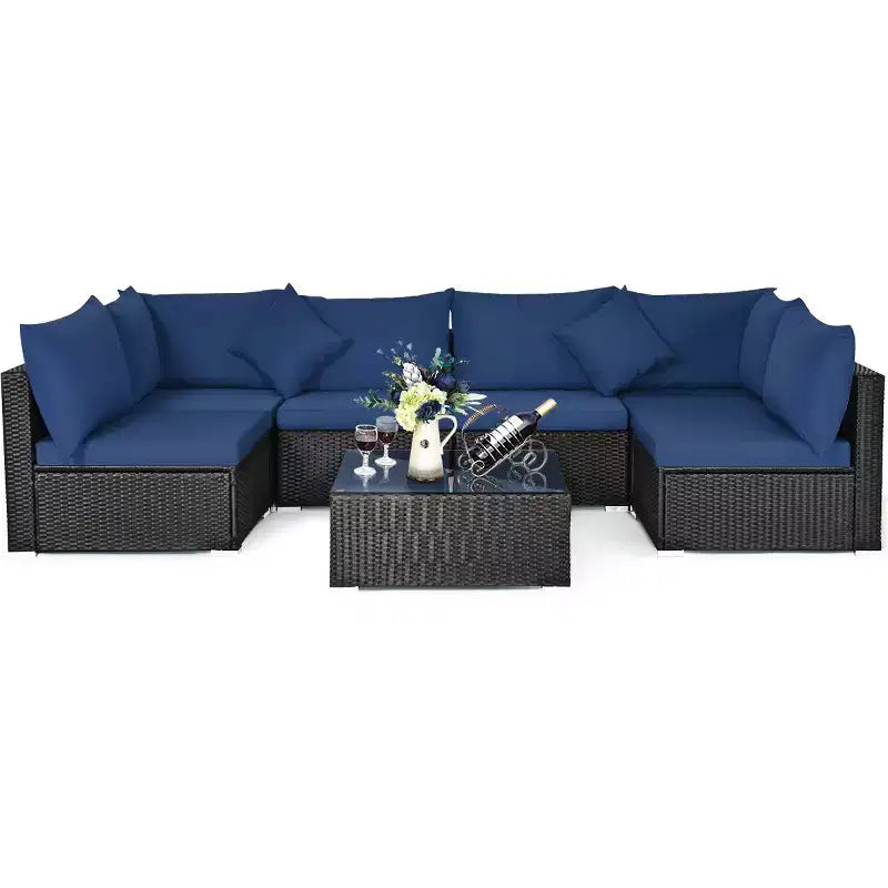 Costway 7PCS Patio Rattan Sofa Set Sectional Conversation Furniture Set Garden Beige\ Navy\Red\Navy Blue