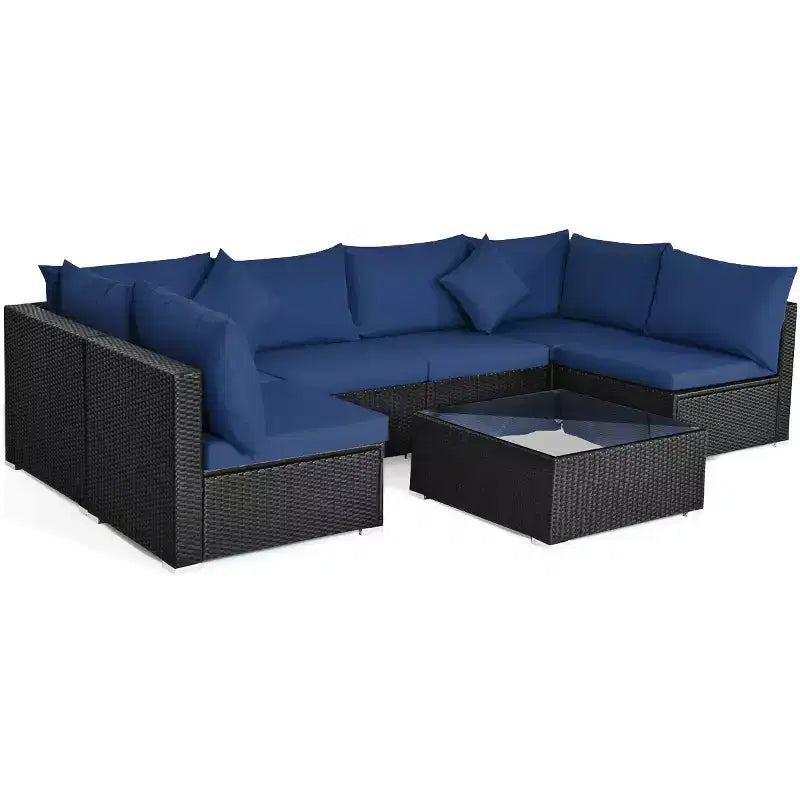 Costway 7PCS Patio Rattan Sofa Set Sectional Conversation Furniture Set Garden Beige\ Navy\Red\Navy Blue